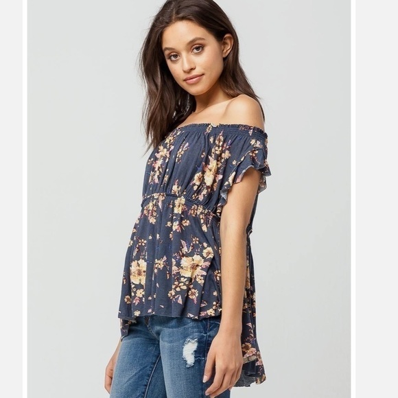 Free People Navy Floral Cap Sleeve Baby Doll Top Size Small NWT - Picture 2 of 6